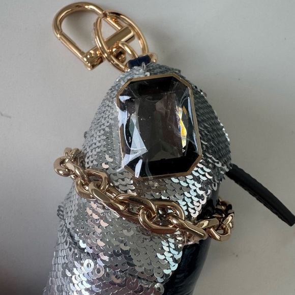 Tory Burch Jeweled Eye Sequins Bird Bag Charm Keychain Blue & Silver - Picture 8 of 11